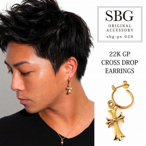 Nhãn hiệu nổi tiếng của nam giới SBG 22K GP Cross-Drop Perbed Earrings One Ear Gold Cross mặt dây chuyền hàng đầu của Ryuji Imaichi: SBG-PS-029